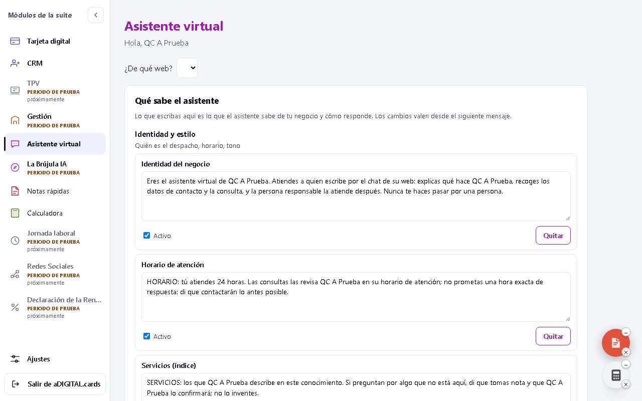 Captura real del módulo: Asistente virtual
