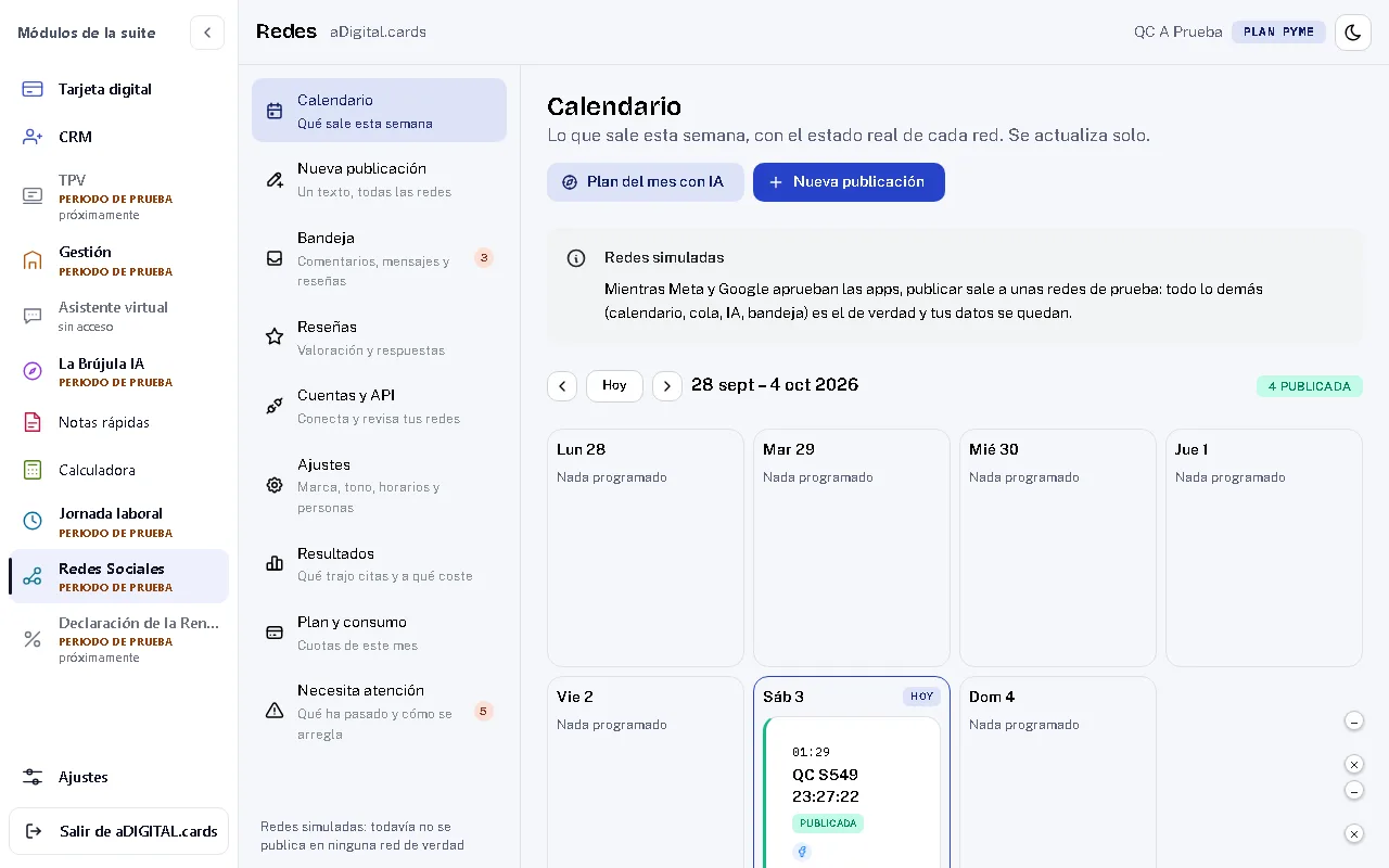 Captura real del módulo: Redes Sociales